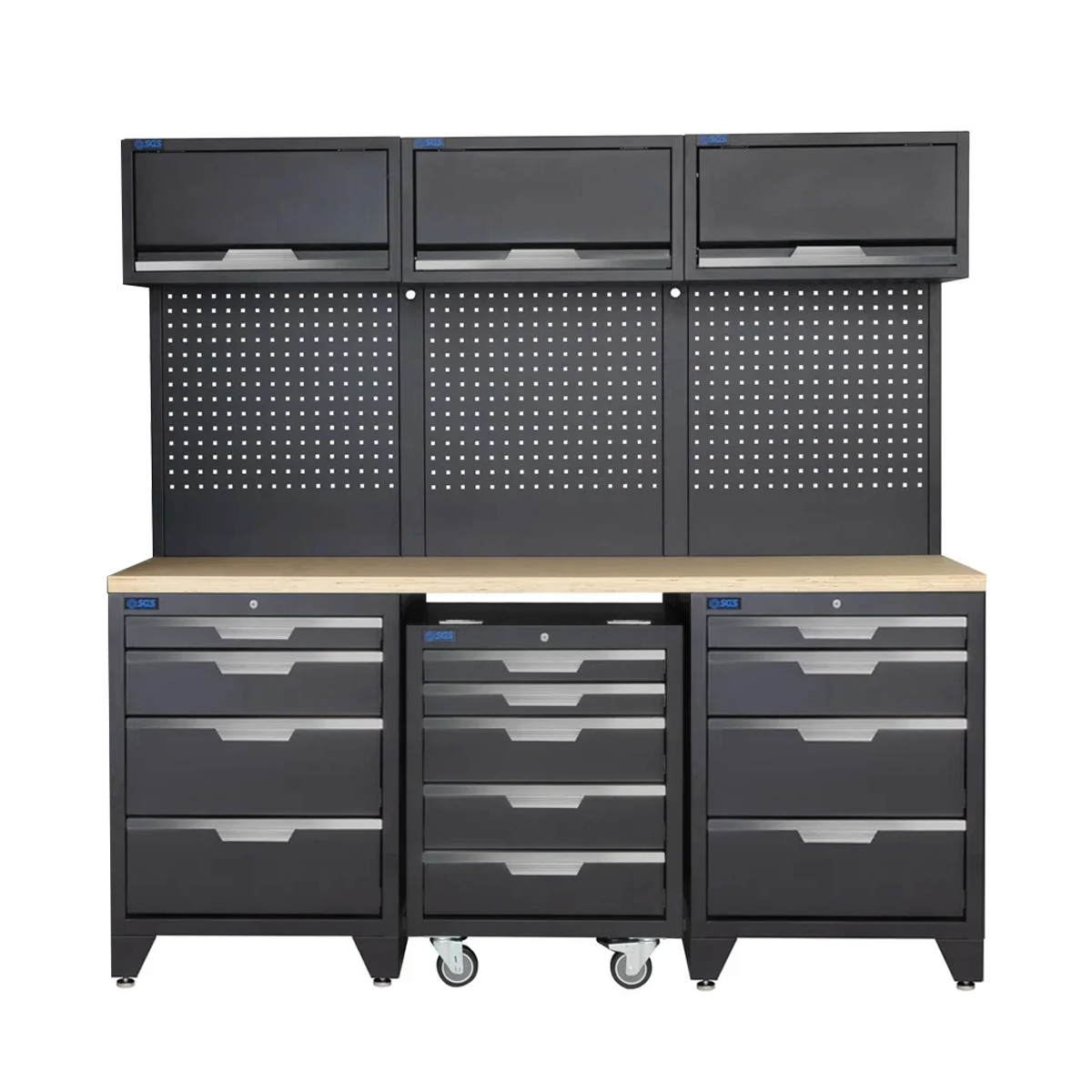 SGS 9pc Garage Storage System | 12 Drawers | Triple Wood Worktop | Roller Cabinet | 3x Lift‑Up Wall Cabinets
